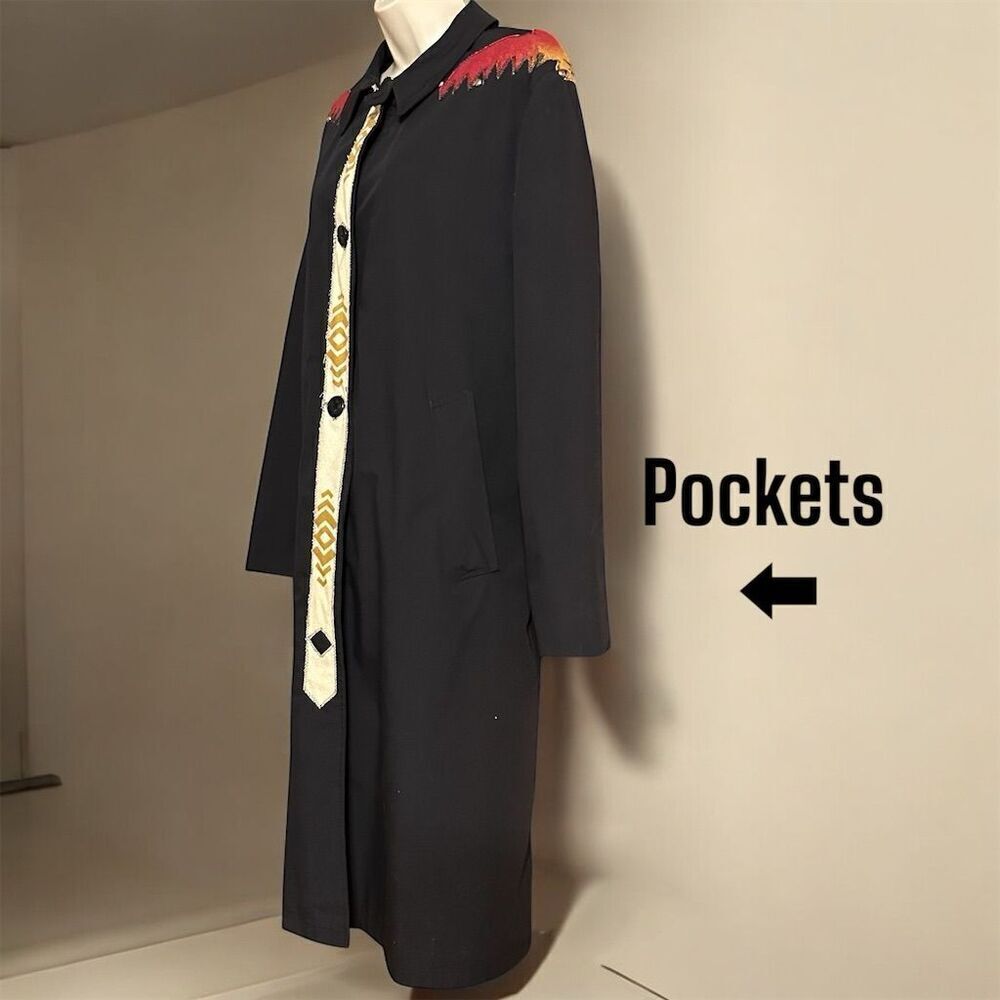 Vintage Campus Permanent Press Black Unisex Southwestern Embellished Trench Coat - Picture 4 of 16